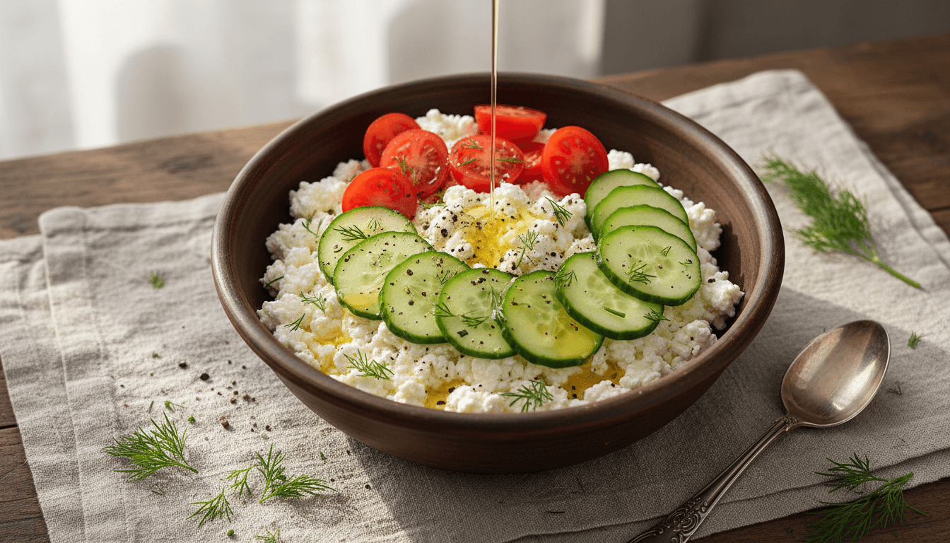 Savory Cottage Cheese Bowl with Tomato, Cucumber and Olive Oil